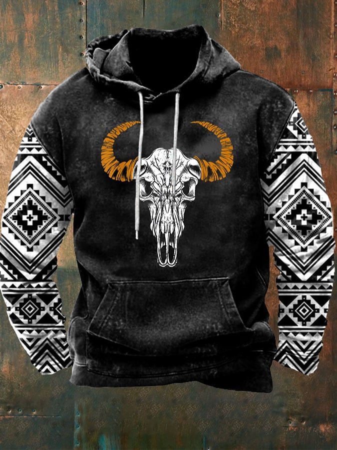 Sudadera con capucha de manga larga con estampado casual estilo western vintage para hombre 