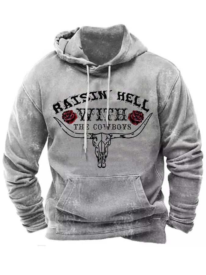 Sudadera con capucha informal con calavera de toro y texto "Rasin Hell With The Cowboys" para hombre 