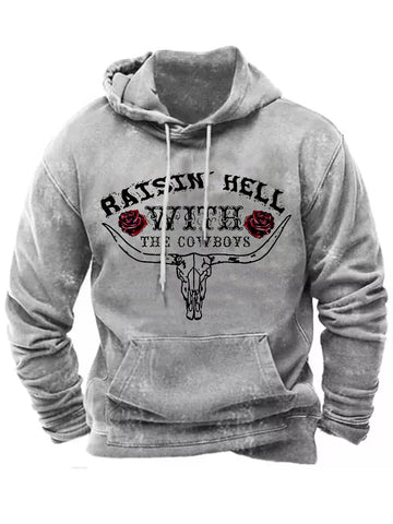 Sudadera con capucha informal con calavera de toro y texto "Rasin Hell With The Cowboys" para hombre 