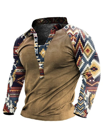 Camiseta de manga larga con estampado azteca estilo western vintage para hombre 