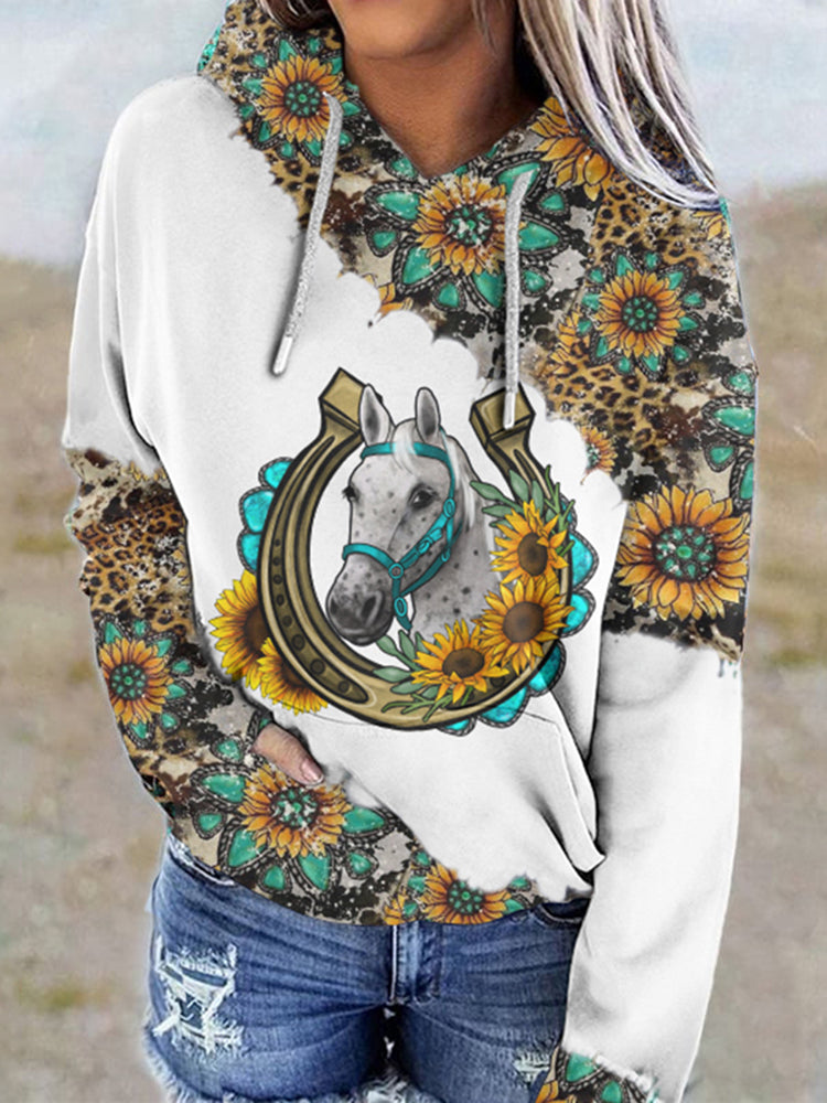 Western Sunflower Print Long Sleeve Casual Hoodie