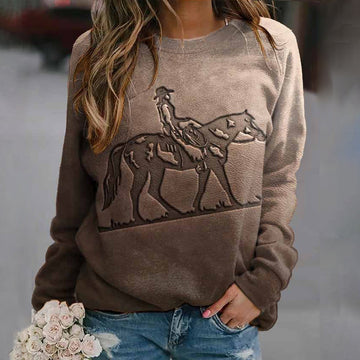 Vintage Western Horse Print Crew Neck Long Sleeve Sweatshirt