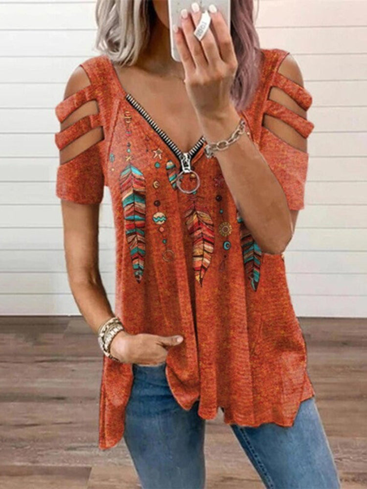 Wisherryy Cutout Feather Print Long Sleeve T-Shirt