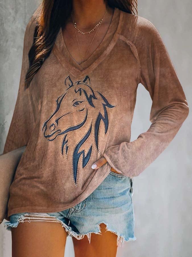 Camiseta de manga larga con cuello en V y estampado de caballos del Oeste 