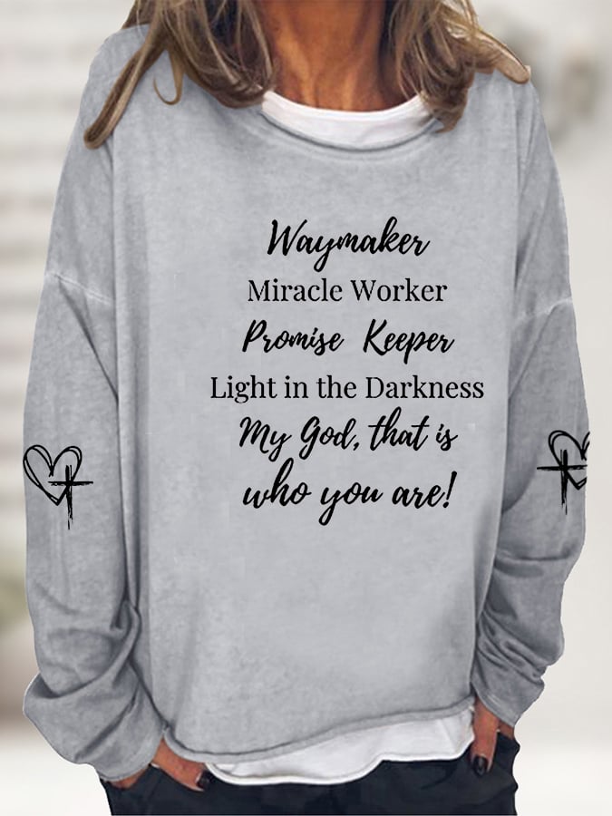 Suéter informal estampado para mujer con el lema "Waymaker Miracle Worker Promise Keeper Light in the Darkness My God" 