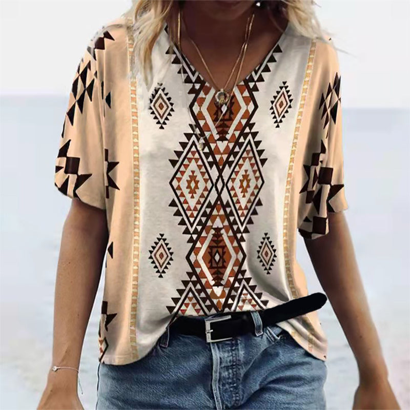 Wisherryy Vintage Western Print V-Neck T-Shirt