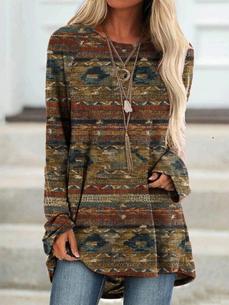 Western Print Long Sleeve Casual Tunic