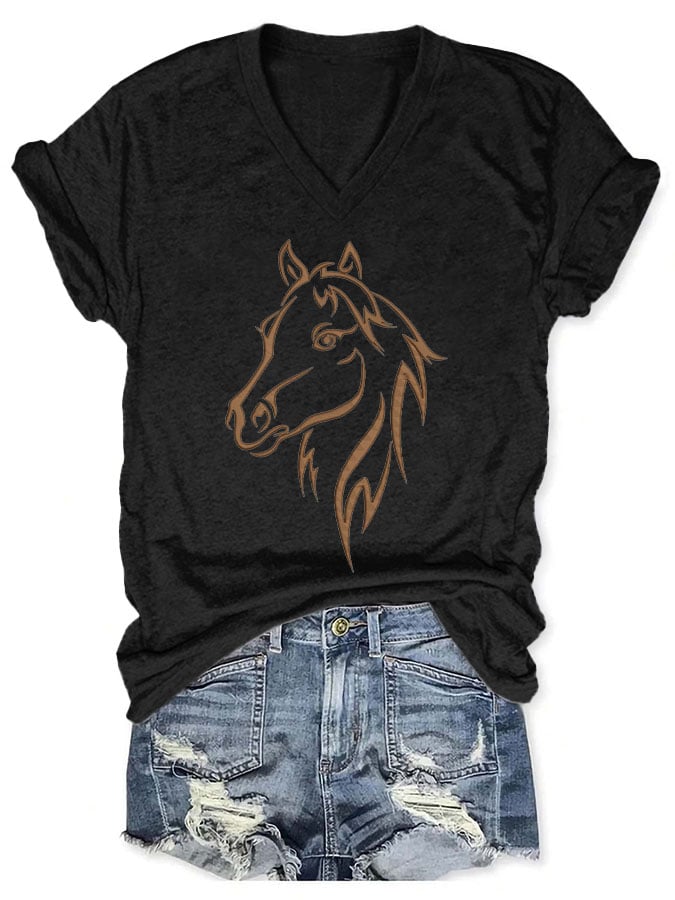 Camiseta informal con estampado de caballos del oeste para mujer 