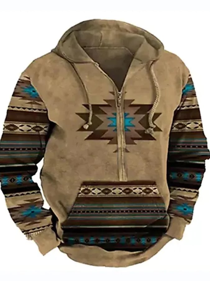 Sudadera con capucha y cremallera completa estilo relajado con estampado azteca occidental para hombre 