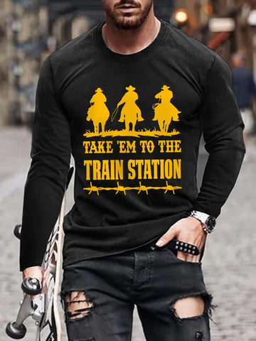 Camiseta de manga larga con silueta de vaquero "Llévalos a la estación de tren" para hombre 