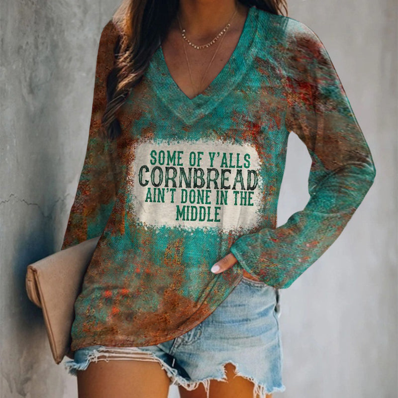 Vintage Print V-Neck Long Sleeve T-Shirt