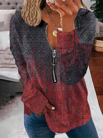 Vintage Print V-Neck Zip-Up Long Sleeve Sweatshirt