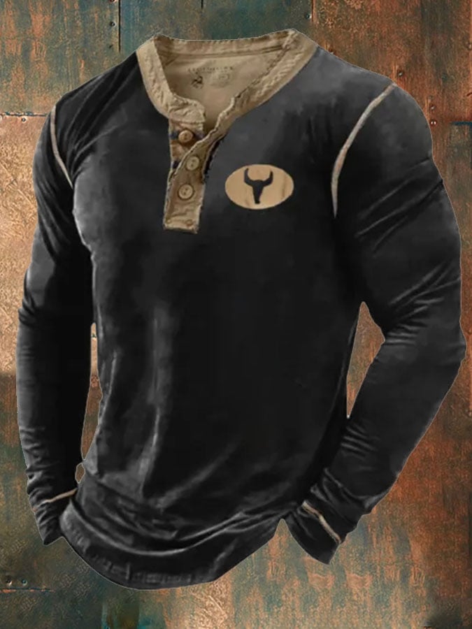 Camiseta de manga larga con cuello abotonado y estampado informal para hombre 