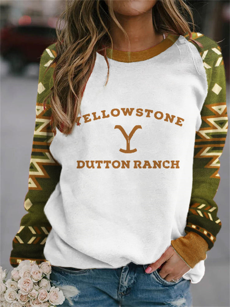 Western Logo Print Aztec Patchwork Sweatshirt