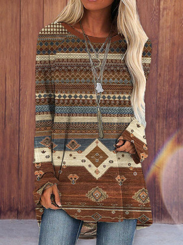 Vintage Western Print Crew Neck Casual Tunic