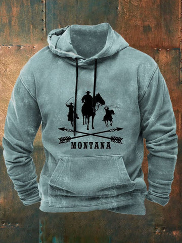 Sudadera con capucha de manga larga con estampado casual estilo western vintage para hombre 