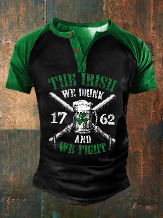 Camiseta con estampado retro de trébol del día de San Patricio con el texto "Bebemos y luchamos" de los irlandeses 