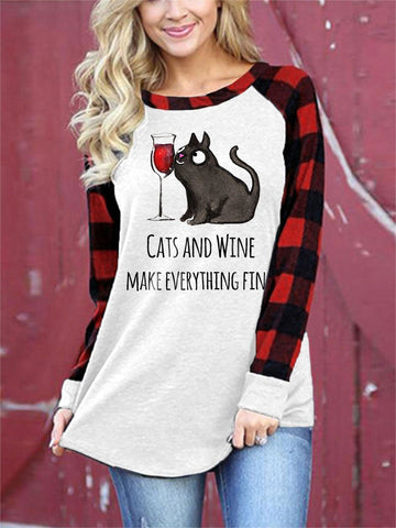 Suéter casual estampado con gatos y vino para mujer 