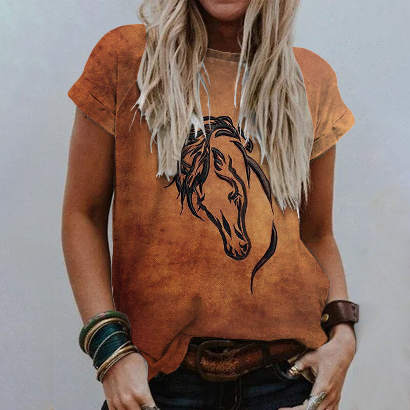 Western Horse Printed Round Neck Short Sleeve T-Shirt