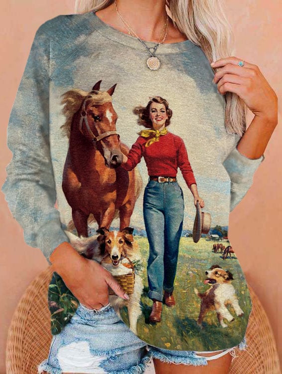 Women's Retro Cowgirl Print Sweatshirt