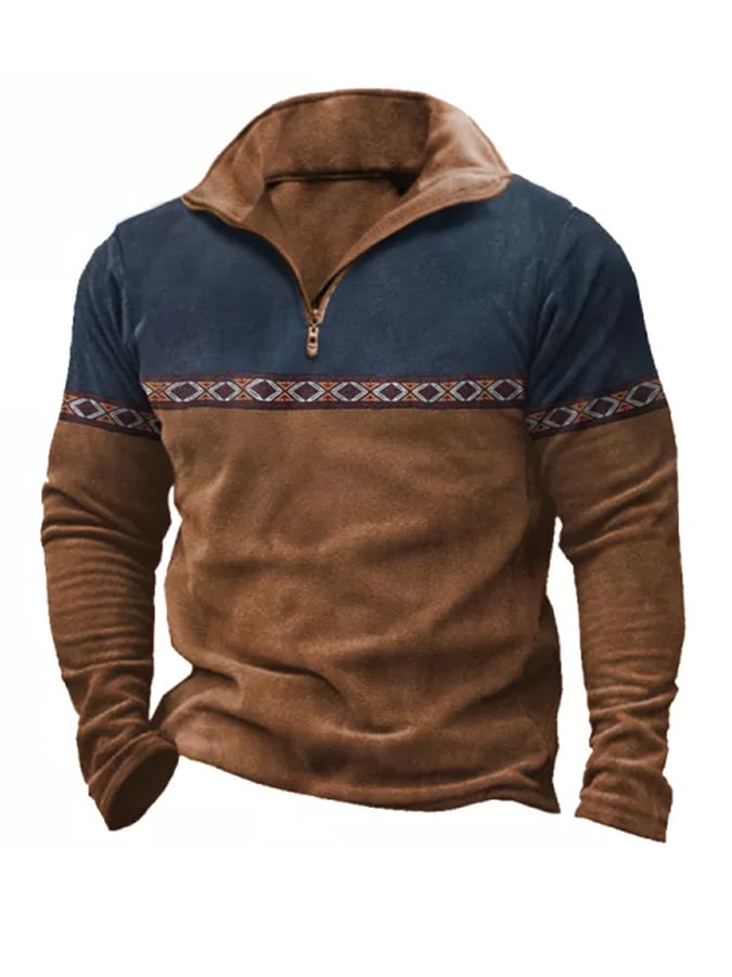 Sudadera casual con cremallera de un cuarto y estampado de bloques de color vintage para hombre 