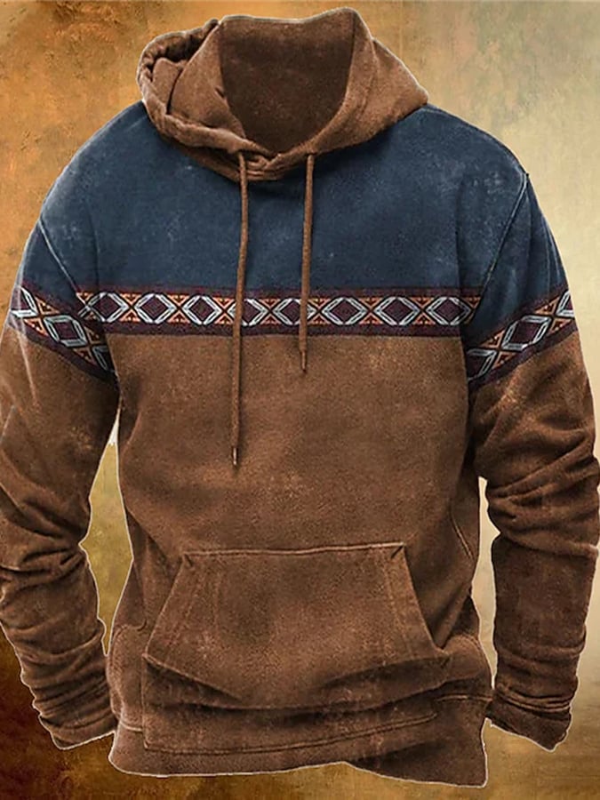 Sudadera con capucha con cordón estilo étnico occidental retro informal para hombre 