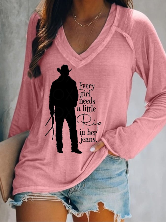 Women's Every Girl Needs a Little Rip Beth Dutton Casual V-Neck Long-Sleeve T-Shirt