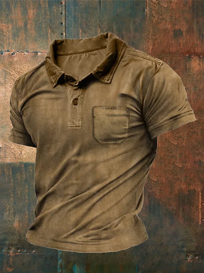 Camisa tipo polo informal con solapa y bolsillo de color liso para hombre 